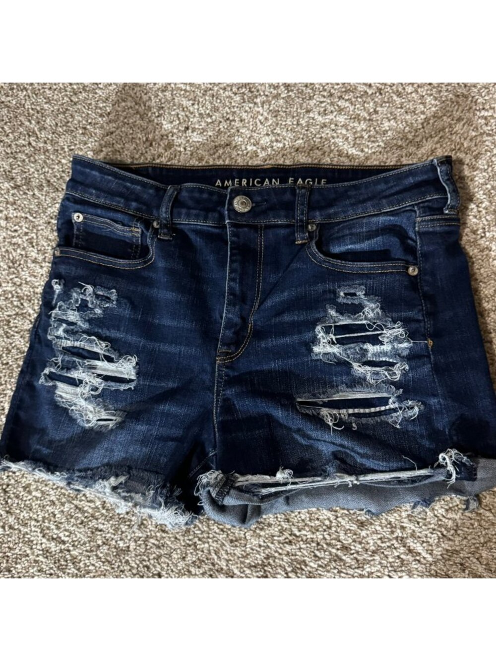American Eagle Outfitters Women's Dark Wash Distressed Hi-Rise Denim Shorts Size